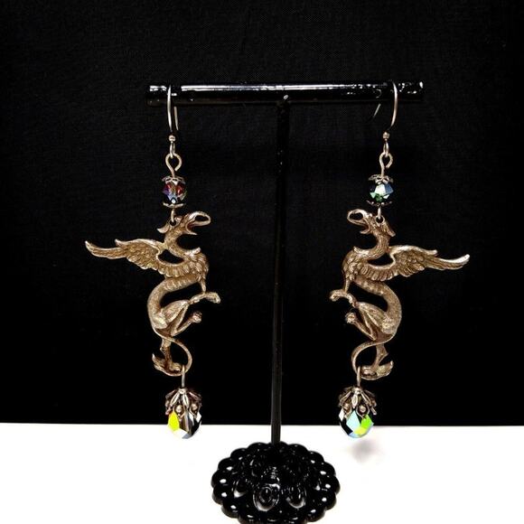 Vintage Dragon Silver Tone Long Earrings, Aurora Borealis Crystal Beads 1970s - Picture 9 of 10